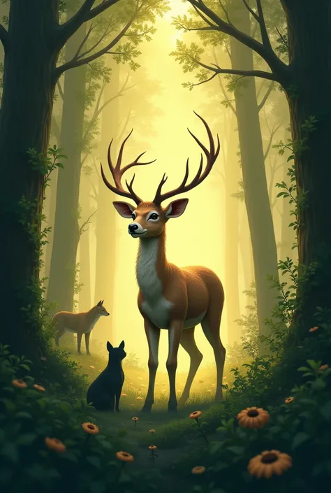  in the depths of the forest ： tall and dense trees ， and the silhouettes of foxes and black panthers can be seen faintly on both sides ， The back is adorned with vines and flowers 。
 shines fine golden light through the gaps ， with its head slightly sidew...