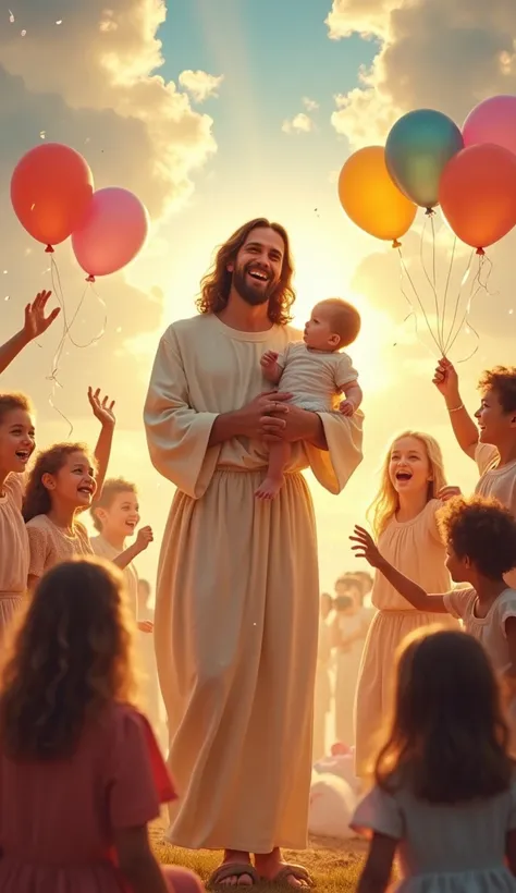 "A celestial scene of celebration with **Jesus holding a baby in his arms**, smiling and radiating joy, surrounded by **colorful balloons** and **vibrant lights**. The sky is filled with **soft clouds and golden colors**, creating a magical and welcoming a...