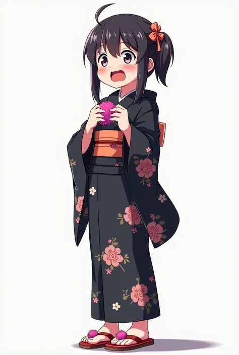 Animated adolescent woman with black yukata with flowers and getas and with pink and fur nails on her front full body, full white background with her fists on her chest and with emotions of worry and fear and sadness and begging and with tears and opening ...