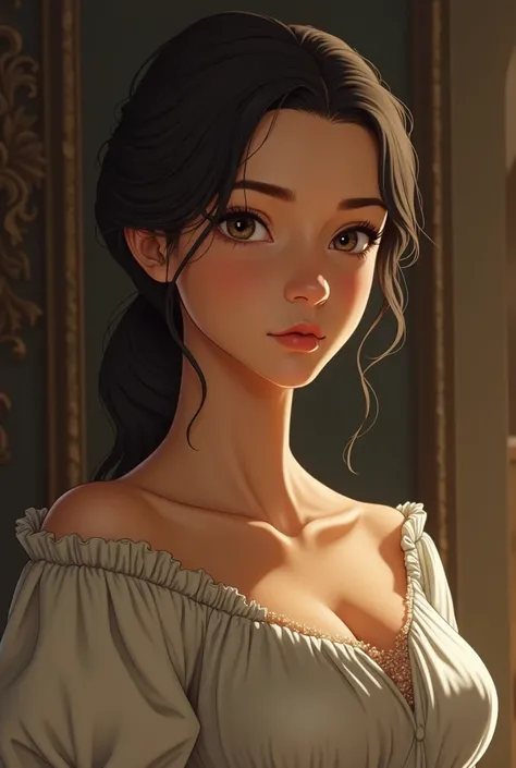 Fair-skinned woman,  with a rigid posture and a serious or indifferent expression .
 He wears high society clothes , maybe a long dress ,  and he wears his hair elegantly tied .
 His attitude is more passive than that of the Master ,  but equally detached ...