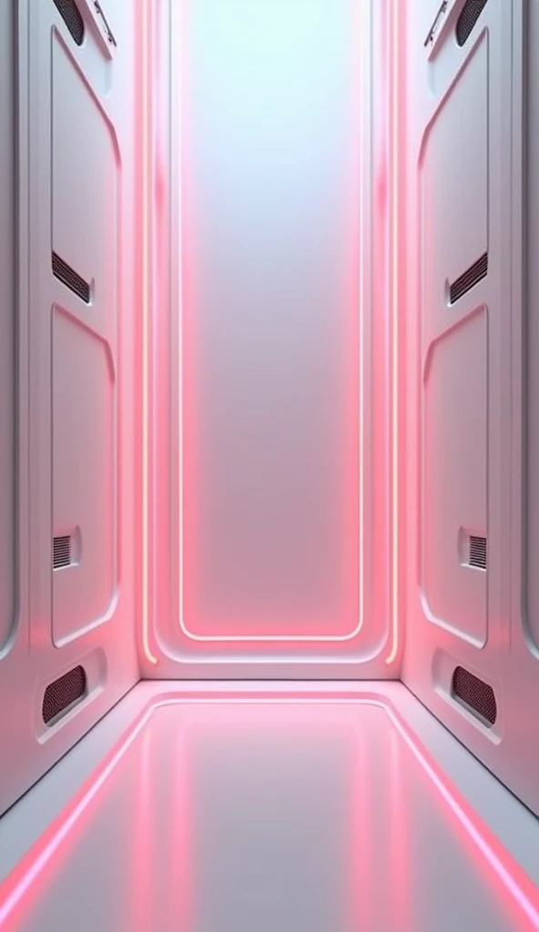 Abstract tech-themed wallpaper in HD 8K resolution, featuring a matte white (dop) futuristic panel design. The surface is adorned with glowing red neon lines arranged in a sleek and symmetrical pattern. Small, dark ventilation grilles are embedded in vario...