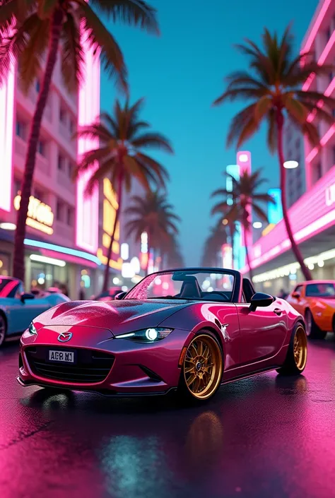 Create a Mazda MX-5,  with gold wheels , en la ciudad from the 80s  miami florida con luces de neon, from the 80s 