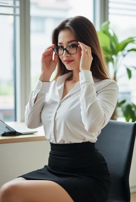 A candid photograph of a beautiful and confident Asian woman with a curvy figure, wearing a fitted white dress shirt and a black pencil skirt. She is sitting at her office desk, adjusting her stylish eyeglasses while looking at her laptop. The scene is in ...