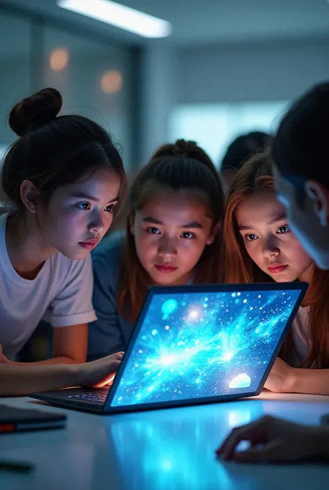 Create a crowd of young people watching a laptop of the future 