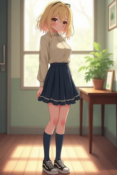 extremely beautiful pale-skinned anime girl of slim build and is 149 centimeters tall with wavy waist-length blonde hair that is swept to the right side, brown eyes framed by long eyelashes, full pink lips and notable large breasts. She wears her school un...