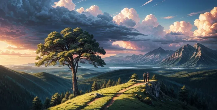  Big curved Cedar ,  on the edge of a cliff ,  wind and clouds before a thunderstorm. lots of air . far away view. ancient forest ,  Extremely sophisticated 、 High-quality digital presentation ,  Achieve 4K resolution .  This work was presented on ArtStati...