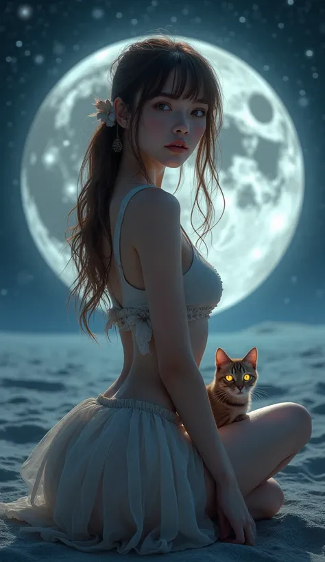 beautiful girl、On the Moon、Cat High Resolution , bangs, Brown Hair, chest, 