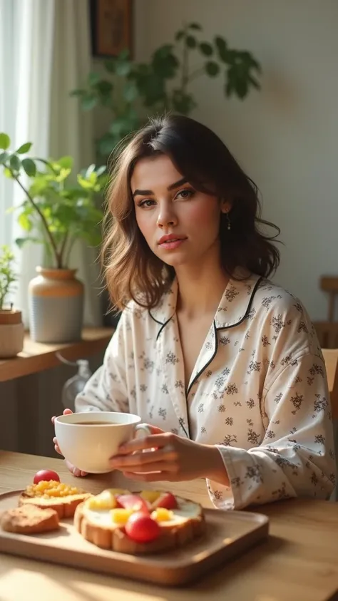 A woman sitting at a wooden table, illuminated by natural light coming from a nearby window. She is eating toast with fruits while holding a cup of hot coffee. The environment is cozy, with details like a plant on the windowsill and a bowl of fruit nearby....