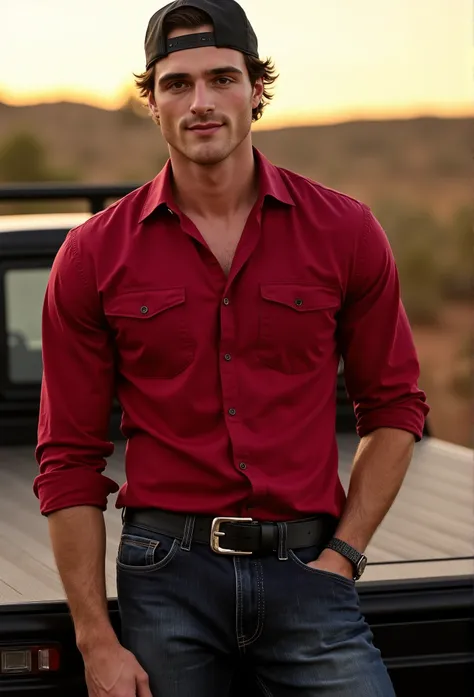 Jacob Elordi. The image is a high-resolution photograph of Jacob Elordi with a clean-shaven face and short, dark brown hair. He is clean shaven. He is lsitting in the flat bed of his Ute. The Australian Outback during a sunset is in the background. He has ...