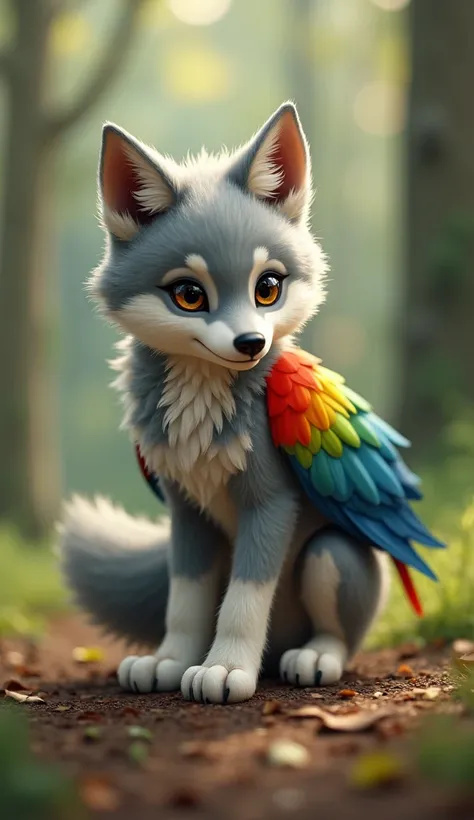  Create an ultra realistic fusion of a wolf cub and a parrot ,  would be blending their characteristics to create a single adorable and cute creature .  The body must be based on that of a baby wolf ,  with a soft and dense coat ,  in shades of gray and wh...