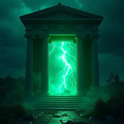 Thunder inside a window of a temple from Greek mythology in neon green in a window 