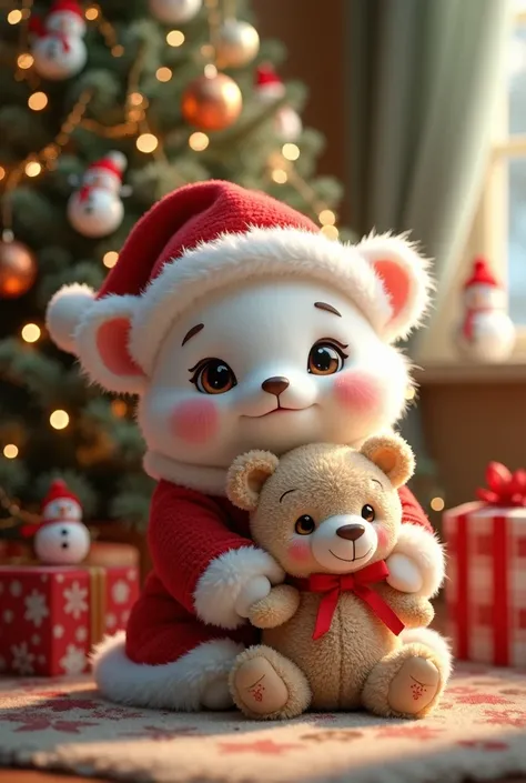 sNoel, A cute  in a Santa outfit, sitting by a decorated Christmas tree with warm lighting, holding a teddy bear, surrounded by snowman decorations and gifts, festive background.