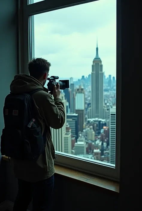 Cameraman of skibidi toilet looking for the city through a window of the build