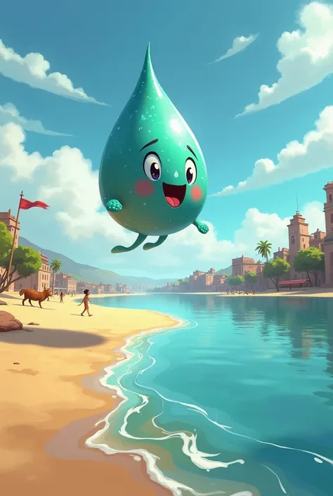 A droplet called Rosita that jumps out of the Piura river Towards the sand in the background I see a city that is for ren that the droplet seems to be jumping out of the river
