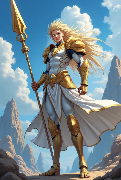 White Guy with long spikey yellow hair,blue eyes,white and gold armor,holding a spear in anime syle