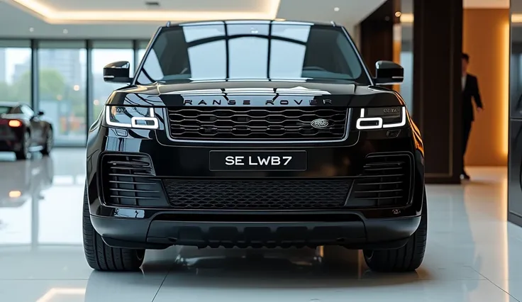 front view of painted black with shiny clour 2025 Range Rover SE LWB 7 sleek in large shape sedan in large size with Range Rover SE LWB 7 logo on its large detailed grille in shiny black clour with angular sporty design captured from close front view with ...