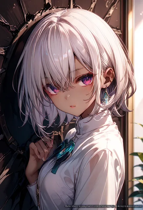 (masterpiece,   high quality  ,  best size   ,   official art ,   beautiful and aesthetic  :1.2), ((dark skin)), ((  1girl)),   extremely detailed ,  BREAK,   incredibly detailed face, Eye details, blunt bangs,  white short hair, (  to hair between eyes  )...