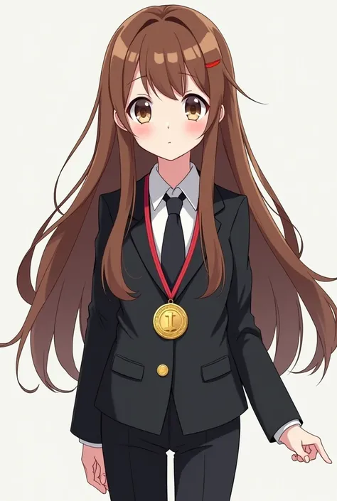  a long-haired brown girl with pants,  shirt and formal jacket color black ,  around her neck a gold medal is found, She is brown with brown eyes , Anime version do it with a cute face, white, is korean 