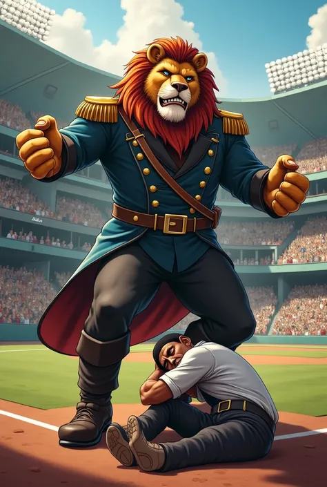 Muscular lion in uniform kicking heavily at a badly injured pirate crying in a professional baseball stadium with a lot of fans