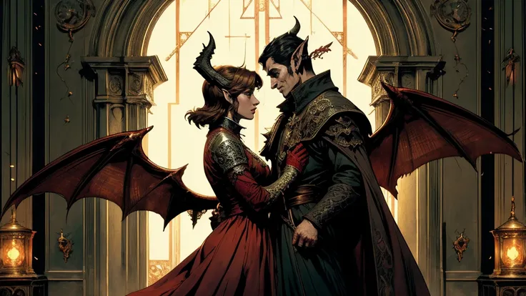 A side view of a couple gazing into each others eyes, the man with short horns, short hair and demon wings have medieval clothes of a court, the woman as an elf with long brown hair, they are at a balcony under a gothic arc, digital art, fantasy, comic sty...