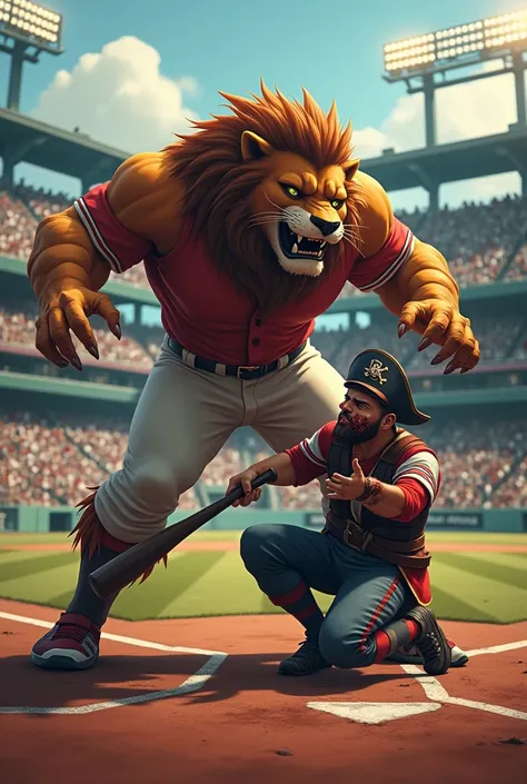 Muscular lion player hitting badly injured pirate crying with a bat in a professional baseball stadium with a lot of fans