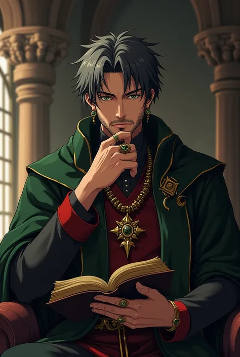 in Ayami Kojima anime style, Saint Germain from the Castlevania anime, hes a scholar and a wizard specializing in alchemy, sitting down, reading a book, a beard, jewelry, dark green and red clothing, short dark gray hair, gothic, medieval, soft lighting, v...