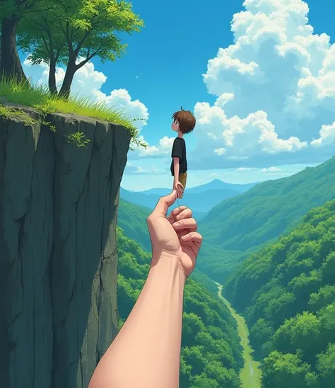  First-person perspective of a s arm held by an  girl kneeling on the edge of a cliff in a pine and willow forest with abundant grass holding the hand of a boy with brown hair and clothes:   black t-shirt  ,  brown shorts and black sneakers,  who is about ...