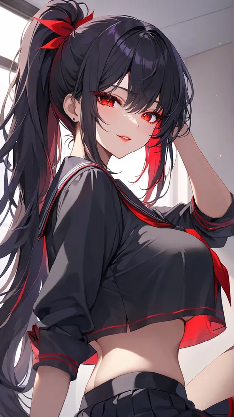 Highest quality　masterpiece　High resolution　masterpiece, black messy hair, high pony  tail, thick and beautiful hair, middle parted hair 　red glowing Eyes, seductive lips, teasing smile, black long sleeves sailor uniform , crop top overhang, big breast, ma...