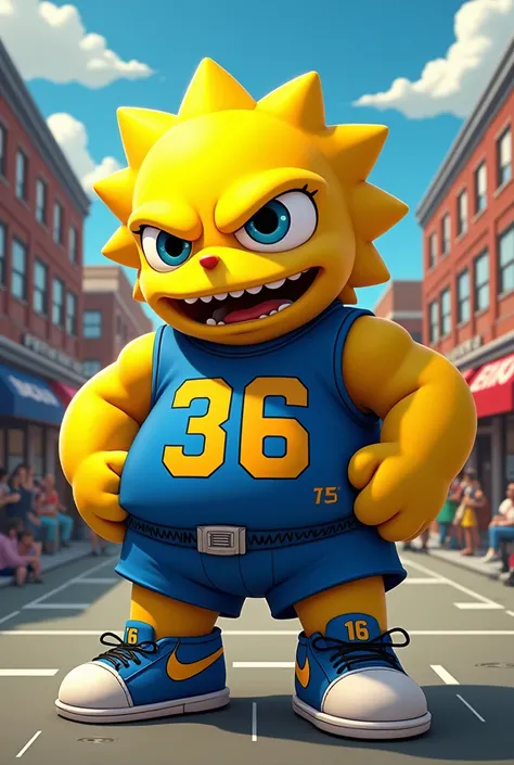  Image of a yellow-and-blue team mascot, a character from The Simpsons ,  ultra detailed image ,