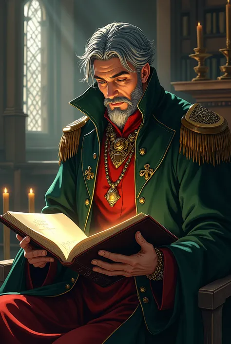 in Ayami Kojima anime style, Saint Germain from the Castlevania anime, hes a scholar and a wizard specializing in alchemy, an older man, sitting down, reading a book, a beard, jewelry, dark green and red clothing, short dark gray hair, gothic, medieval, so...