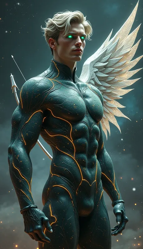 A hyper-realistic, three-quarter body portrait of a charismatic, ethereal male character with a lean yet strong build, seamlessly intertwined with flowing, living armor inspired by the zodiac sign of Sagittarius. The armor, a dark blend of obsidian and iri...