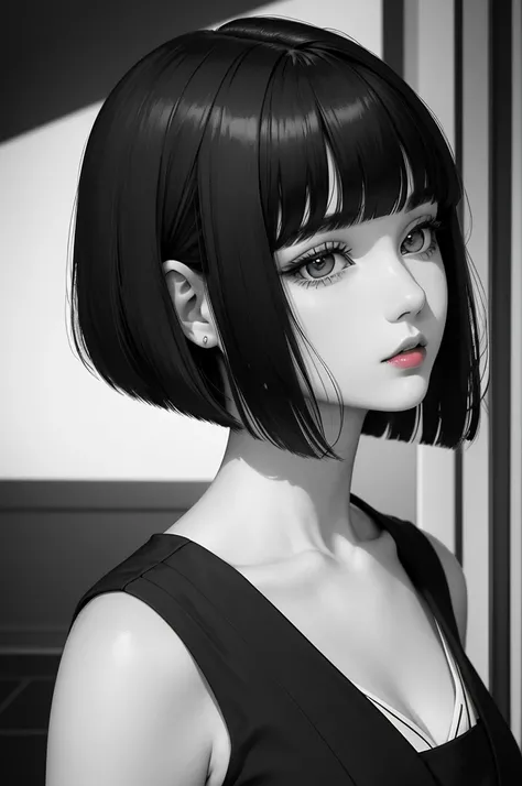 Ultra-detailed, master piece, Top quality, 1 girl, Beardsley style picture, monochrome, line_art, block print, side view, school_uniform, bob_cut_hair, bangs, Very_beautiful_face, very_beautiful_eyes, even_eyes, red lips