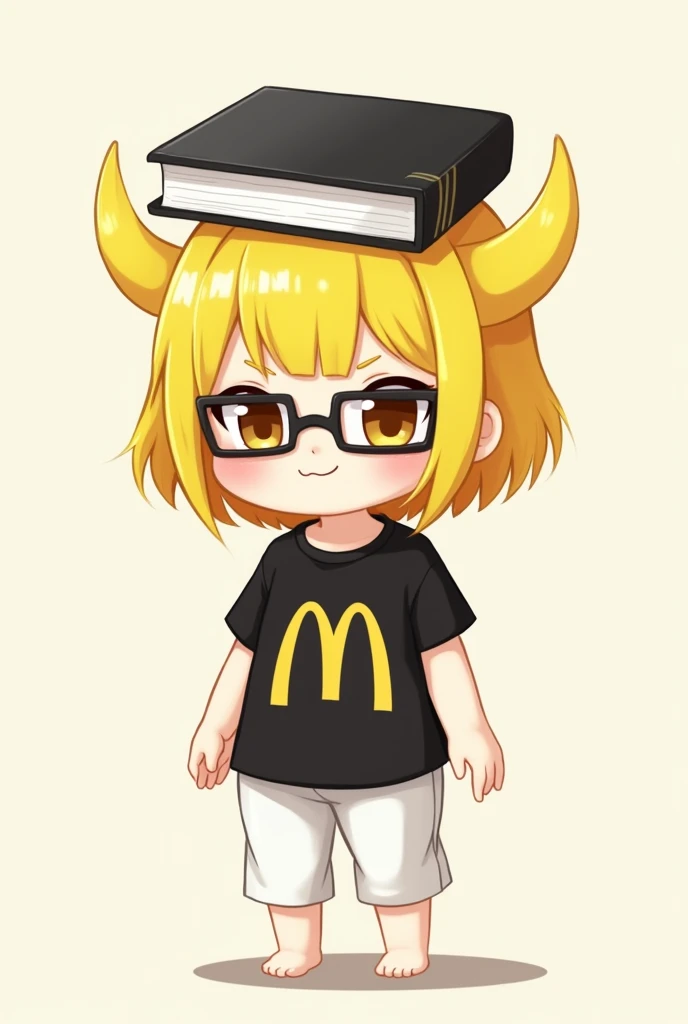  Female chibi character with yellow hair,  white skin , Yellow horns, black book on the head , mcdonalds black t-shirt , wearing glasses and wearing white pants 