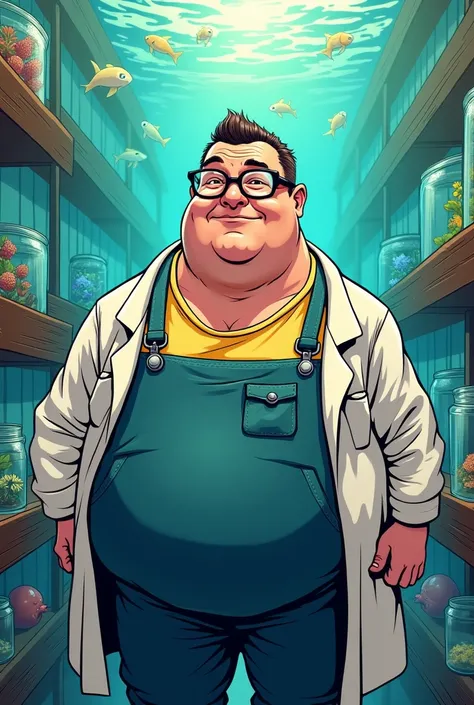 Comic-like image of a 45-year-old nerdy fat aquacultor WITHOUT BEARD OR MUSTACHE