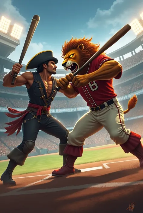 Lion player hitting pirate with a bat in a professional baseball stadium with a lot of fans