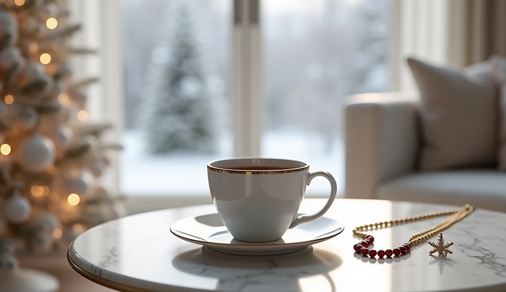 A cup of cofee by the white luxury Christmas tree on the luxury white marble antique table by the window watching the snowy day, wire christmas ornament on the table, burgundy red platinum necklace on the table