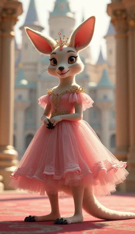 A anthropomorphic kangaroo dressed as a princess. Baby pink dress. Her kangaroo legs are showing. palace in the background.