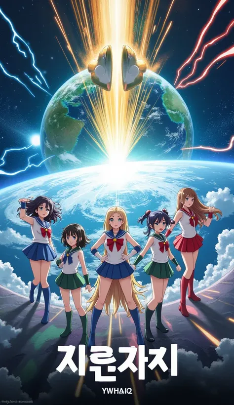 Korean movie poster 5 magical girls in sailor uniform standing in different poses their background is earth and they are being chased by evil alien