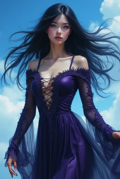 Woman in dress with arm sleeves and bottom with dark purple ripped details with glitter, blue sky eyes,  black hair with a slight bluish touch , With a whirlwind on your side