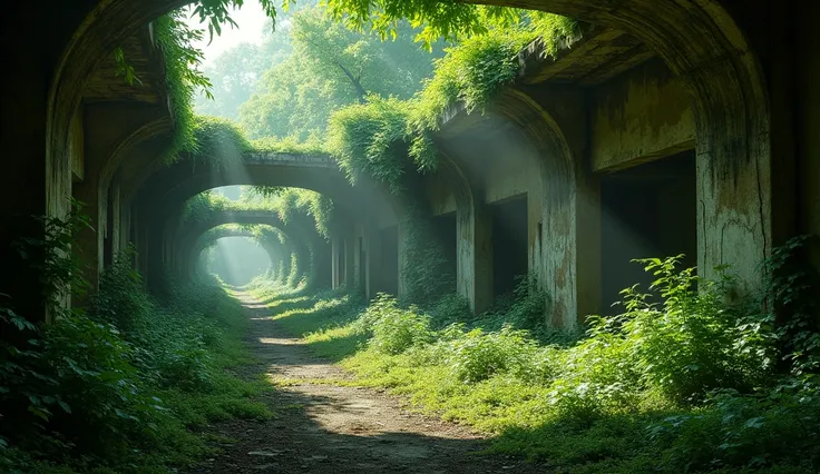 abandoned place, being consumed by nature ,  that are mostly green plants, with a dark tone 