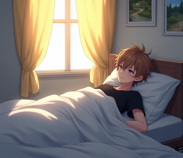  An 18-year-old anime boy with white skin  , anime To love ru,   soft lighting , He fell out of bed waking up ,  he is on the floor next to his bed in his bedroom with a window covered by an unfolded yellow curtain ,   in a white house with checkered floor...