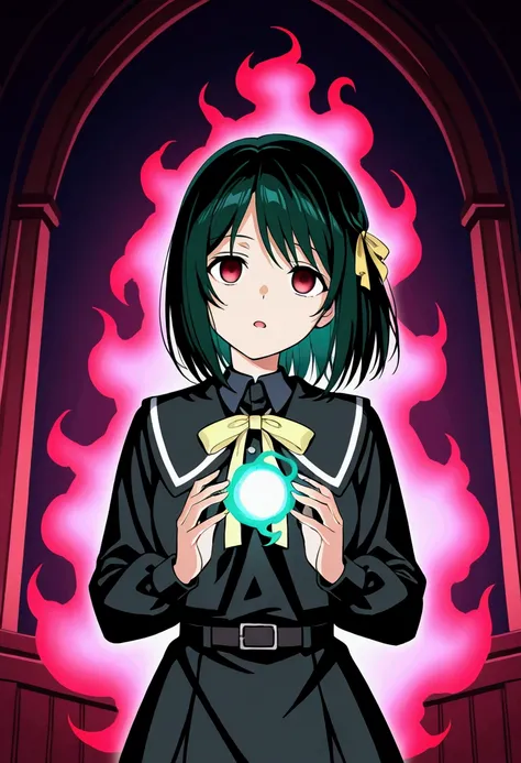 the girl in black shirt stands in a room shake a knife while looking up at the viewer, red eyes, 1girl, solo, bangs, open mouth,shioriko mifune, short hair, bangs, black hair, red eyes, ribbon, hair ribbon, dark green hair,empty eyes