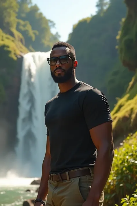  Hyper-realistic photograph of a handsome black influencer about 30 years old, posing in a natural environment with a waterfall he wears sunglasses , and has a panoramic view in the background .  He is wearing casual clothes for outdoor activities ,  like ...