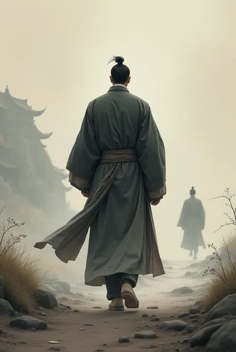 Oriental painting that means the end. , turning his back and walking away somewhere. Im a man . Im wearing a traditional Chinese costume and a traditional Chinese official costume, and .  Im already walking that far away, draw a small picture.  Im walking ...