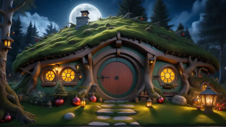 Raw photo, 8k uhd, dslr, photo-realistic, hyperrealism, 8k resolution, hdr, highly detailed, ultra detailed. 
The house of the hobbit in the birch grove ,  night ,(),Christmas tree in front of the door, Christmas  ornaments on the house,
Moss, moon light, ...