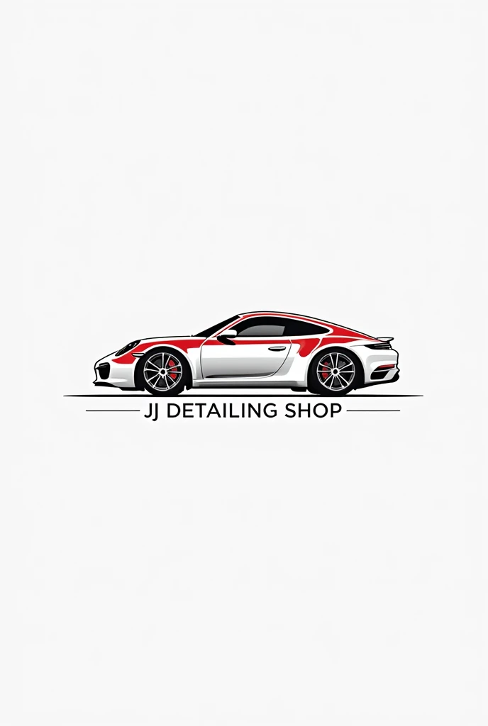 Create me an elegant and simple logo for a detailing company that has the name JJ detailing shop, with the colors white, black and red with a Porsche silhouette in the background
