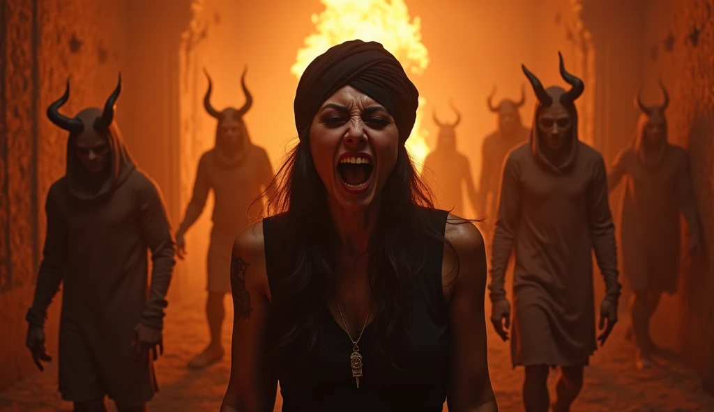 Infernal scene of the doomed soul of a diabolic-looking woman wearing a black turban, screaming in horror  ,  while gloomy and disembodied demons surround the woman,  in a burning room 