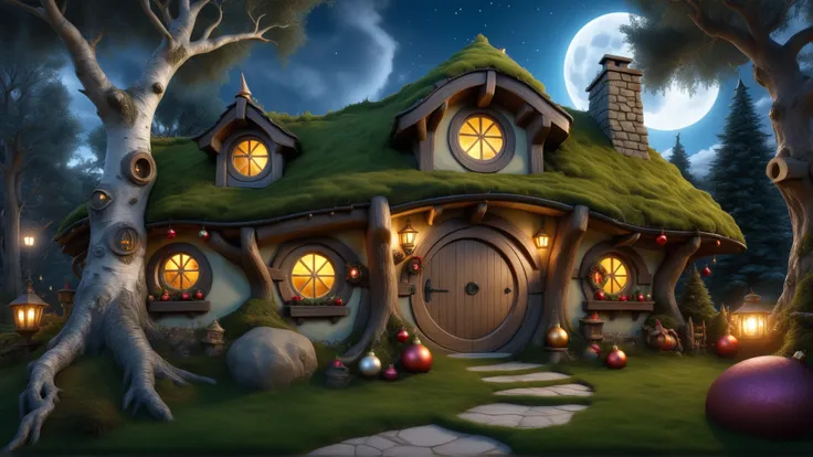 Raw photo, 8k uhd, dslr, photo-realistic, hyperrealism, 8k resolution, hdr, highly detailed, ultra detailed. 
The house of the hobbit in the birch grove ,  night ,(),Christmas tree in front of the door, Christmas  ornaments on the house,
Moss, moon light, ...