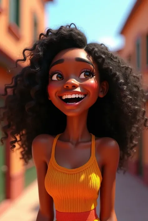 Un personnage 3D pixar , femme noire ,cheveux ondulés ,joyeuse , avec une expression rieuse .