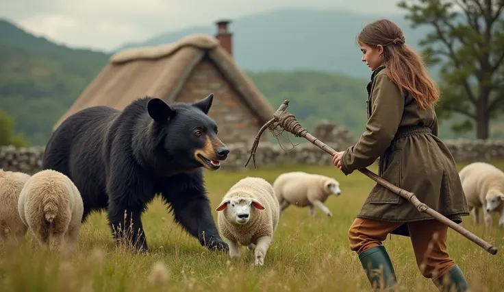 (HIGH QUALITY), A thached roof cottage in background, stone walled field, a young female shepherd wielding a natural shephards crook, facing and aggressively chasing off a large black bear from a small flock of sheep, bear looking at, but fleeing the sheph...